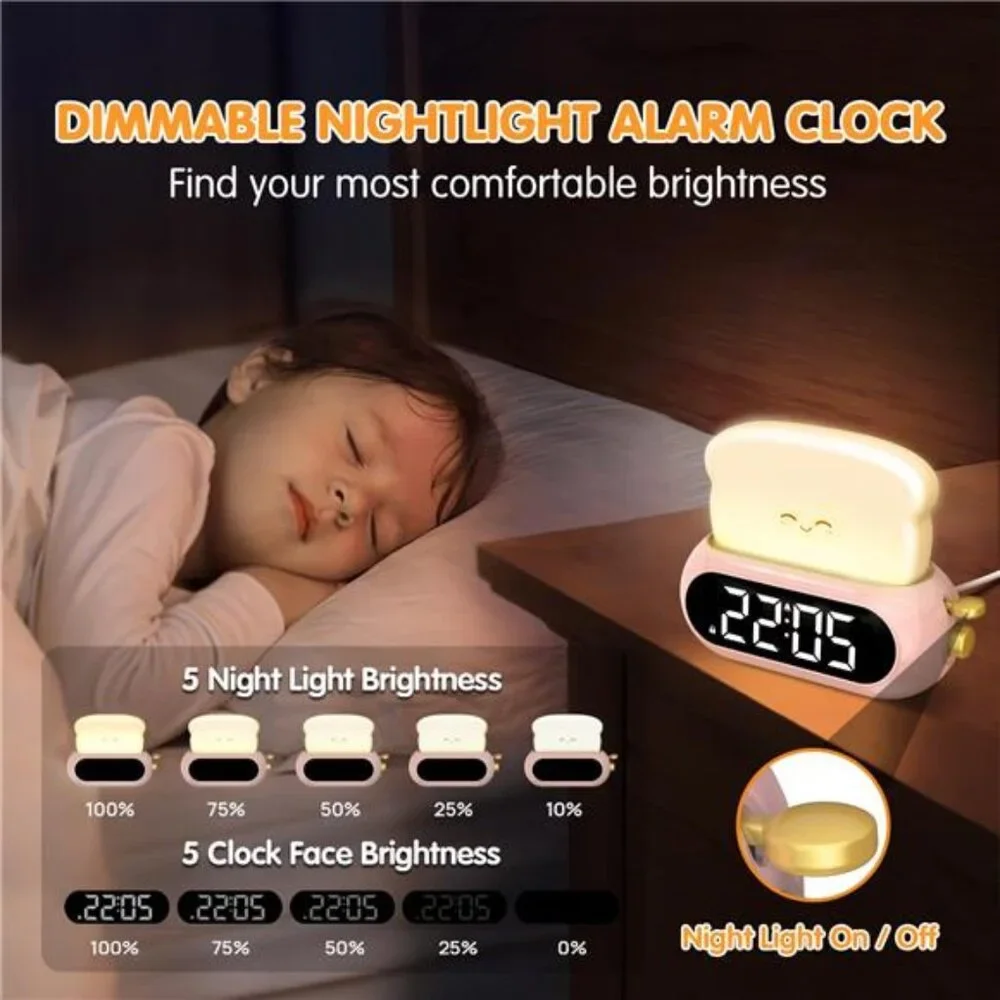 Cute digital alarm clock night light kids bedroom bedside snooze nap timer gift